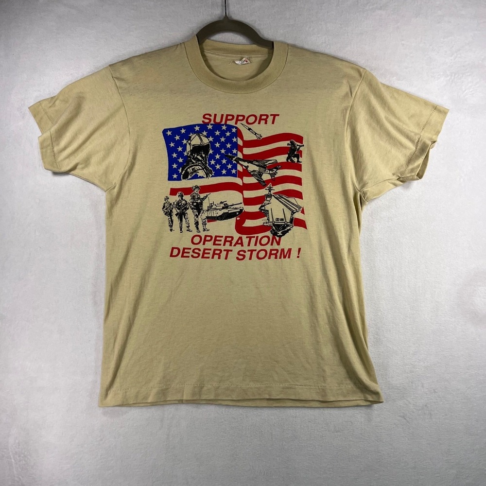 Vintage 90s Operation Desert Storm TShirt Large Khaki USA Made Single Stich